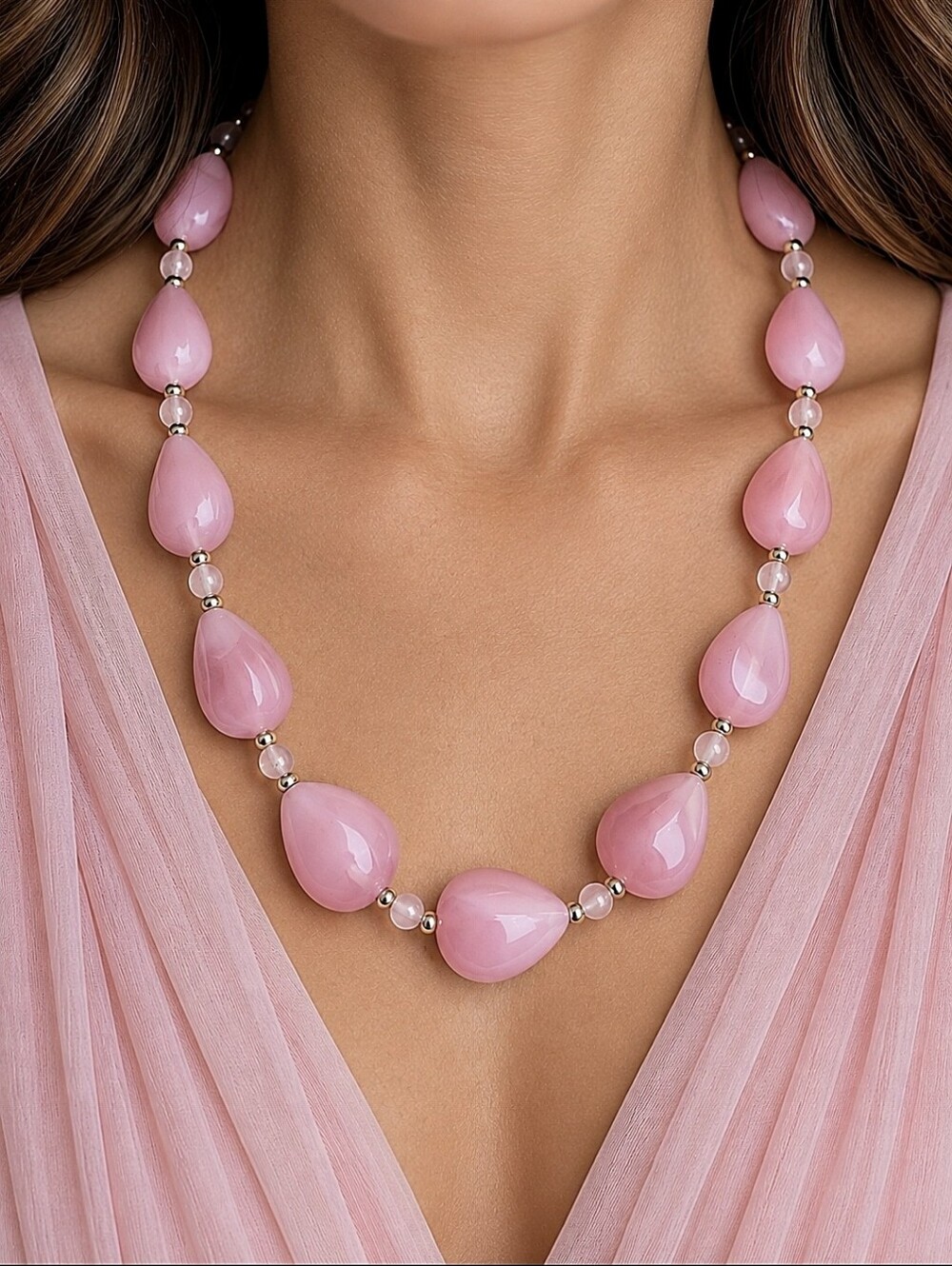 Pink Bubblegum Lucite Marbled Acrylic Teardrop Pinched Beads Vintage Necklace